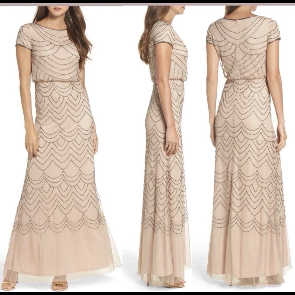 Adrianna Papell Blush Pink Beaded Tulle Gown Embellished Formal Dress 6 - Picture 1 of 17